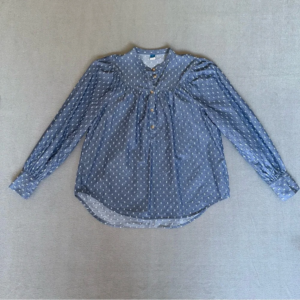 Old Navy Blue Cotton cottagecore blouse‎ size Small puff sleeves Coastal Grandma